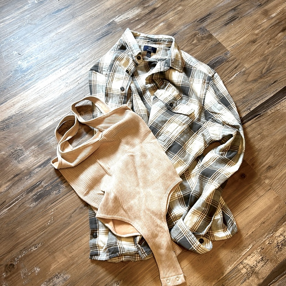 Oversized flannel with bodysuit — 2 for 1. These items are new with no tags.